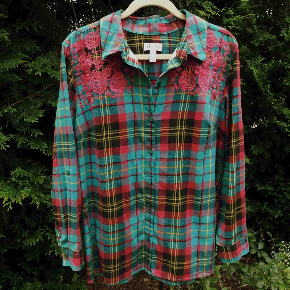 Denim & Co Embellished Plaid Roll-Tab Buttondown Top